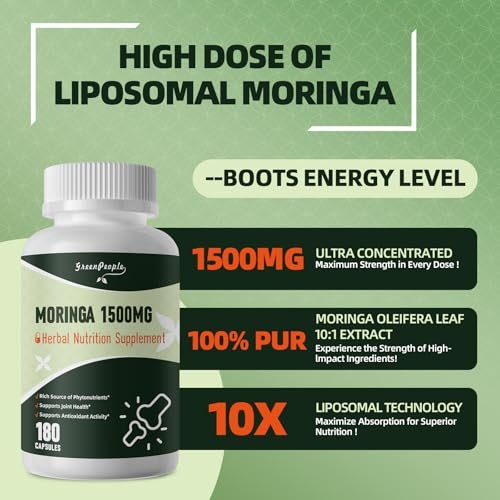 GREENPEOPLE Moringa-Ganzblattkapseln 1500mg - Hochdosiert 10:1 Moringa Oleifera Blattextrakt - Natürliches Superfood für Energie & Immunsystem - Vegan, Nicht-GVO, Koffeinfrei - 180 Kapseln