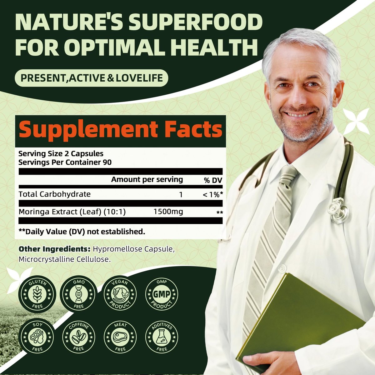 GREENPEOPLE Moringa-Ganzblattkapseln 1500mg - Hochdosiert 10:1 Moringa Oleifera Blattextrakt - Natürliches Superfood für Energie & Immunsystem - Vegan, Nicht-GVO, Koffeinfrei - 180 Kapseln