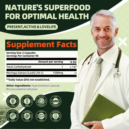 GREENPEOPLE Moringa-Ganzblattkapseln 1500mg - Hochdosiert 10:1 Moringa Oleifera Blattextrakt - Natürliches Superfood für Energie & Immunsystem - Vegan, Nicht-GVO, Koffeinfrei - 180 Kapseln