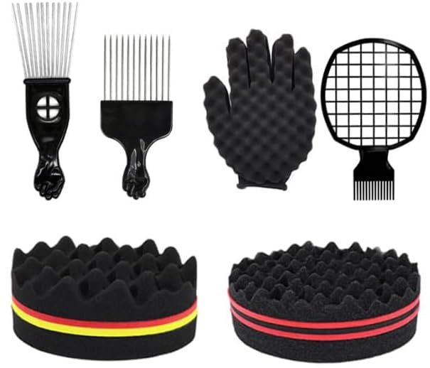 KHQBG Haar-Sponge-Set, Afro-Bürste, Magic Curl Glove, Metall-Pick-Kamm und Twist-Kamm für Haarstyling (Schwarz, 6-teilig)