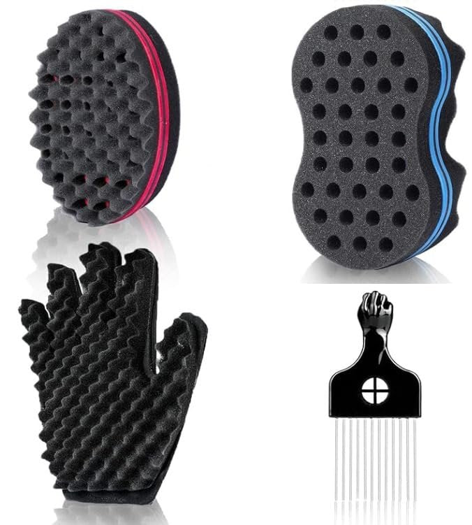 KHQBG Magic Twist Haarspangen Set – Große Löcher Spiralbürste für Locken, Curling Sponge Glove für Männer und Frauen mit Metall-Afro-Pick (17 cm)