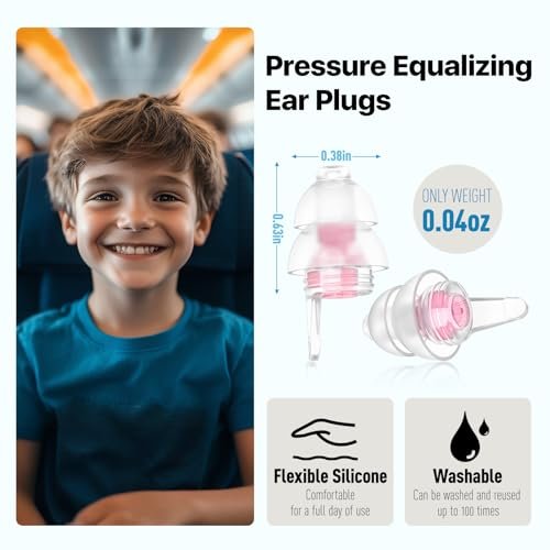 Softvox Kinder Ohrstöpsel (ab 6 Jahren) mit Kordel, Wiederverwendbare Silikon-Ohrstöpsel für Flugreisen, Druckausgleich, Geräuschreduzierung 25 dB – Konzentration, Reisen, Angst, Schule – Hellrosa