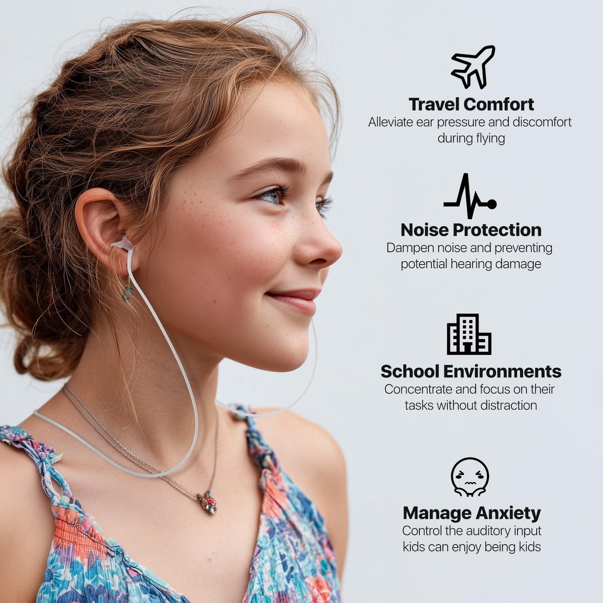 Softvox Kinder Ohrstöpsel (ab 6 Jahren) mit Kordel, Wiederverwendbare Silikon-Ohrstöpsel für Flugreisen, Druckausgleich, Geräuschreduzierung 25 dB – Konzentration, Reisen, Angst, Schule – Hellrosa