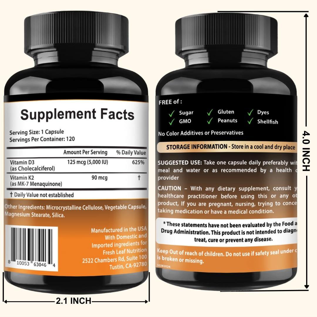 VITBOOST Vitamin D3 K2 Komplex - Leicht zu Schlucken - Vitamin D3 5000 IU (125 mcg) & K2 (MK-7) 90 mcg | Non-GMO | Glutenfrei | Hergestellt in den USA | 120 Kapseln