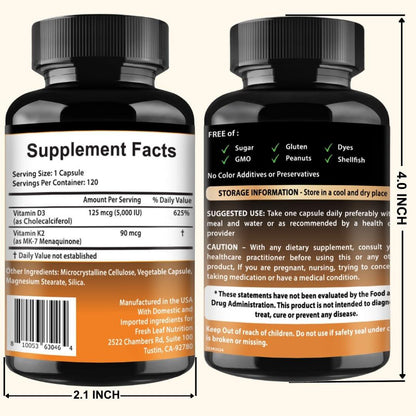 VITBOOST Vitamin D3 K2 Komplex - Leicht zu Schlucken - Vitamin D3 5000 IU (125 mcg) & K2 (MK-7) 90 mcg | Non-GMO | Glutenfrei | Hergestellt in den USA | 120 Kapseln