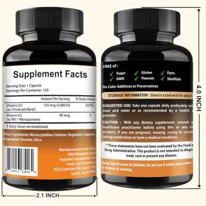 VITBOOST Vitamin D3 K2 Komplex - Leicht zu Schlucken - Vitamin D3 5000 IU (125 mcg) & K2 (MK-7) 90 mcg | Non-GMO | Glutenfrei | Hergestellt in den USA | 120 Kapseln