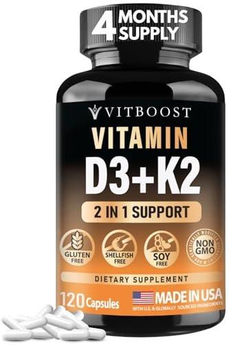 VITBOOST Vitamin D3 K2 Komplex - Leicht zu Schlucken - Vitamin D3 5000 IU (125 mcg) & K2 (MK-7) 90 mcg | Non-GMO | Glutenfrei | Hergestellt in den USA | 120 Kapseln