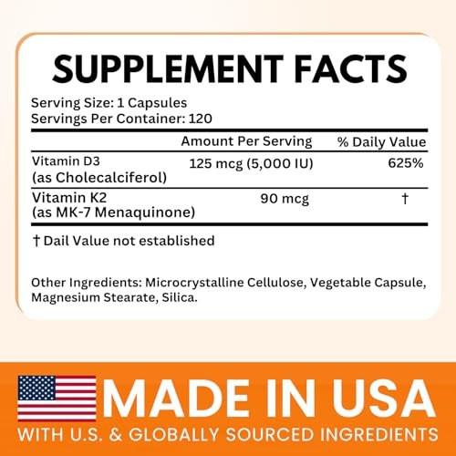 VITBOOST Vitamin D3 K2 Komplex - Leicht zu Schlucken - Vitamin D3 5000 IU (125 mcg) & K2 (MK-7) 90 mcg | Non-GMO | Glutenfrei | Hergestellt in den USA | 120 Kapseln