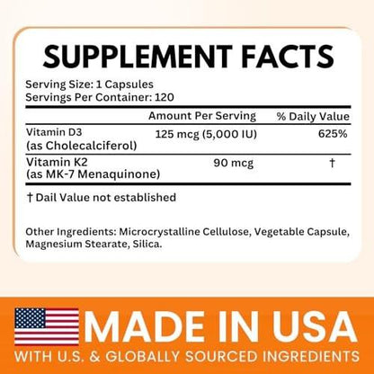 VITBOOST Vitamin D3 K2 Komplex - Leicht zu Schlucken - Vitamin D3 5000 IU (125 mcg) & K2 (MK-7) 90 mcg | Non-GMO | Glutenfrei | Hergestellt in den USA | 120 Kapseln