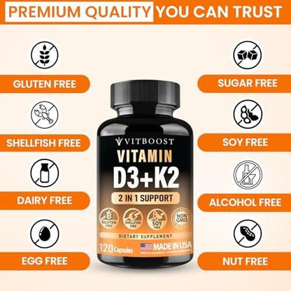 VITBOOST Vitamin D3 K2 Komplex - Leicht zu Schlucken - Vitamin D3 5000 IU (125 mcg) & K2 (MK-7) 90 mcg | Non-GMO | Glutenfrei | Hergestellt in den USA | 120 Kapseln