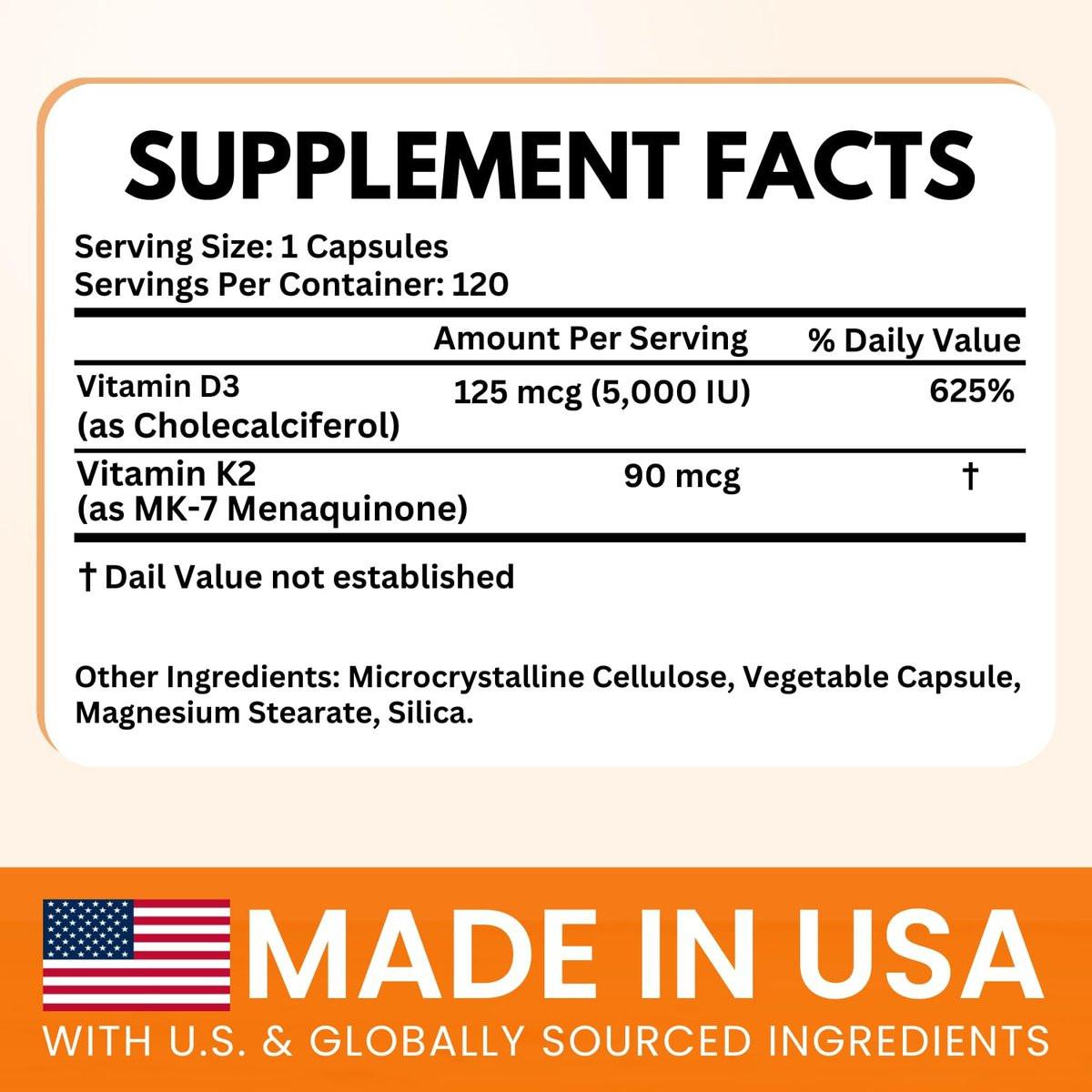 VITBOOST Vitamin D3 K2 Komplex - Leicht zu Schlucken - Vitamin D3 5000 IU (125 mcg) & K2 (MK-7) 90 mcg | Non-GMO | Glutenfrei | Hergestellt in den USA | 120 Kapseln