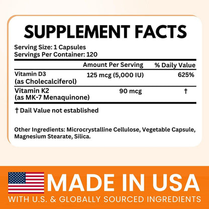 VITBOOST Vitamin D3 K2 Komplex - Leicht zu Schlucken - Vitamin D3 5000 IU (125 mcg) & K2 (MK-7) 90 mcg | Non-GMO | Glutenfrei | Hergestellt in den USA | 120 Kapseln