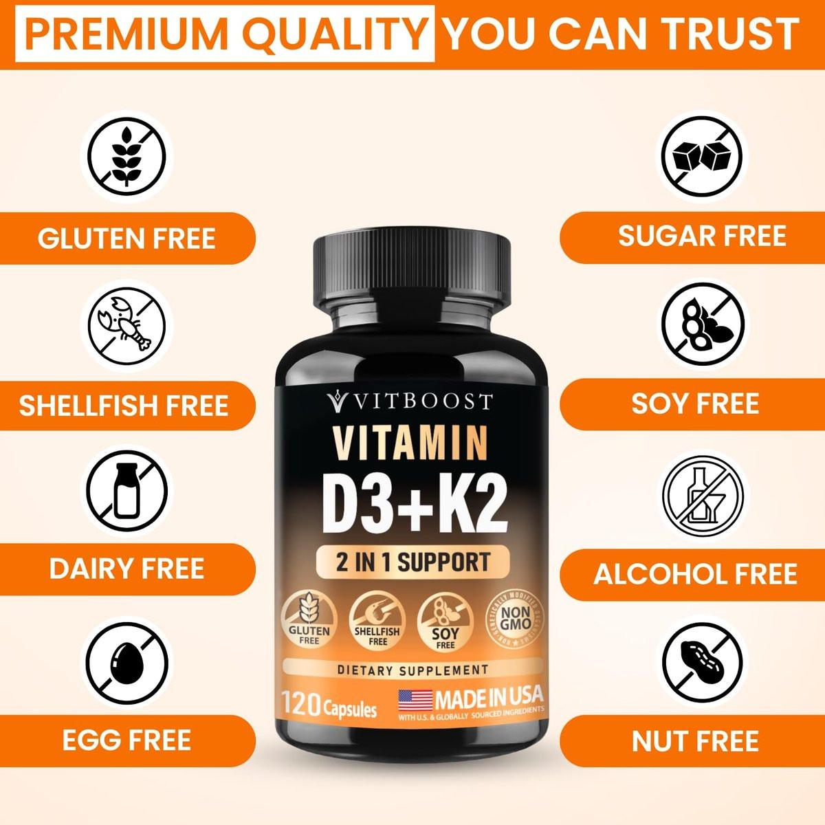 VITBOOST Vitamin D3 K2 Komplex - Leicht zu Schlucken - Vitamin D3 5000 IU (125 mcg) & K2 (MK-7) 90 mcg | Non-GMO | Glutenfrei | Hergestellt in den USA | 120 Kapseln