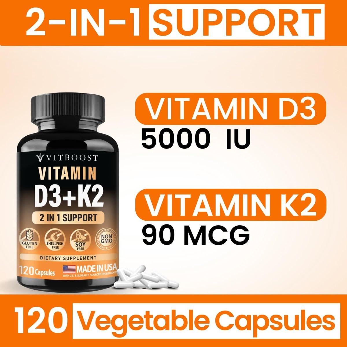 VITBOOST Vitamin D3 K2 Komplex - Leicht zu Schlucken - Vitamin D3 5000 IU (125 mcg) & K2 (MK-7) 90 mcg | Non-GMO | Glutenfrei | Hergestellt in den USA | 120 Kapseln