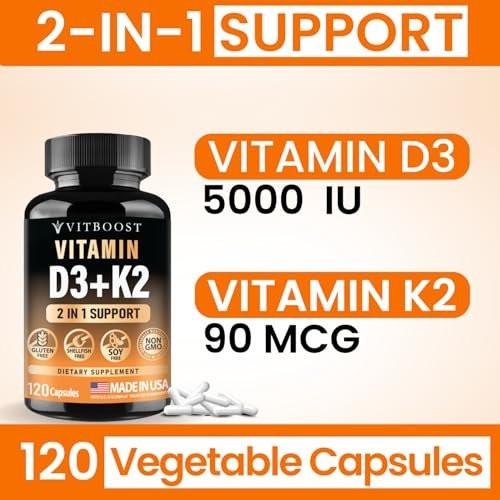 VITBOOST Vitamin D3 K2 Komplex - Leicht zu Schlucken - Vitamin D3 5000 IU (125 mcg) & K2 (MK-7) 90 mcg | Non-GMO | Glutenfrei | Hergestellt in den USA | 120 Kapseln