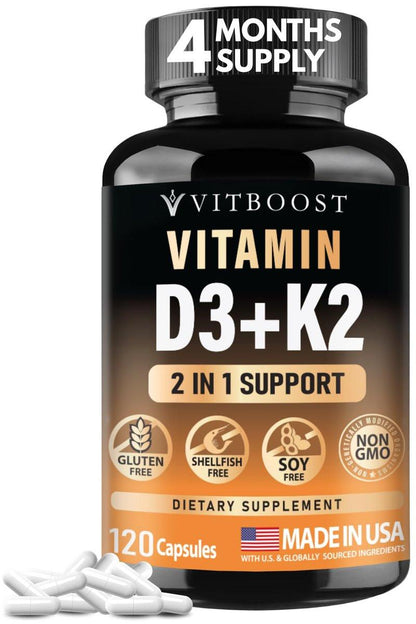 VITBOOST Vitamin D3 K2 Komplex - Leicht zu Schlucken - Vitamin D3 5000 IU (125 mcg) & K2 (MK-7) 90 mcg | Non-GMO | Glutenfrei | Hergestellt in den USA | 120 Kapseln