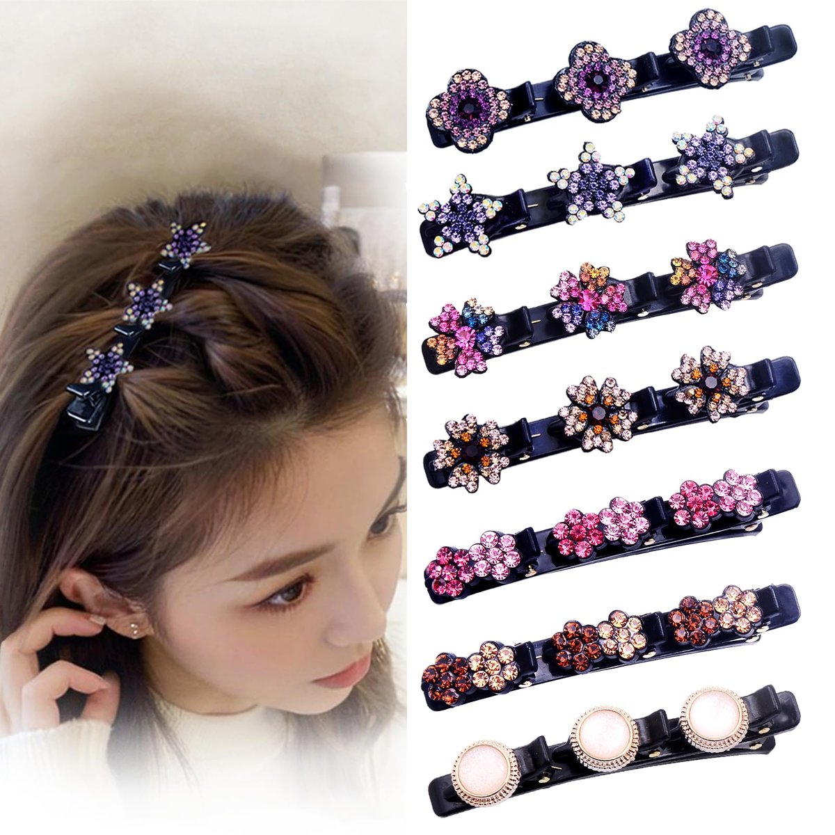 7-teilige Kristallstein-Haarklammern für Styling - Doppellagige Stern- und Blumenklammern, funkelnde Strass-Entenschnabelklammern, rutschfeste Haaraccessoires für Frauen und Mädchen (FlaSloth)