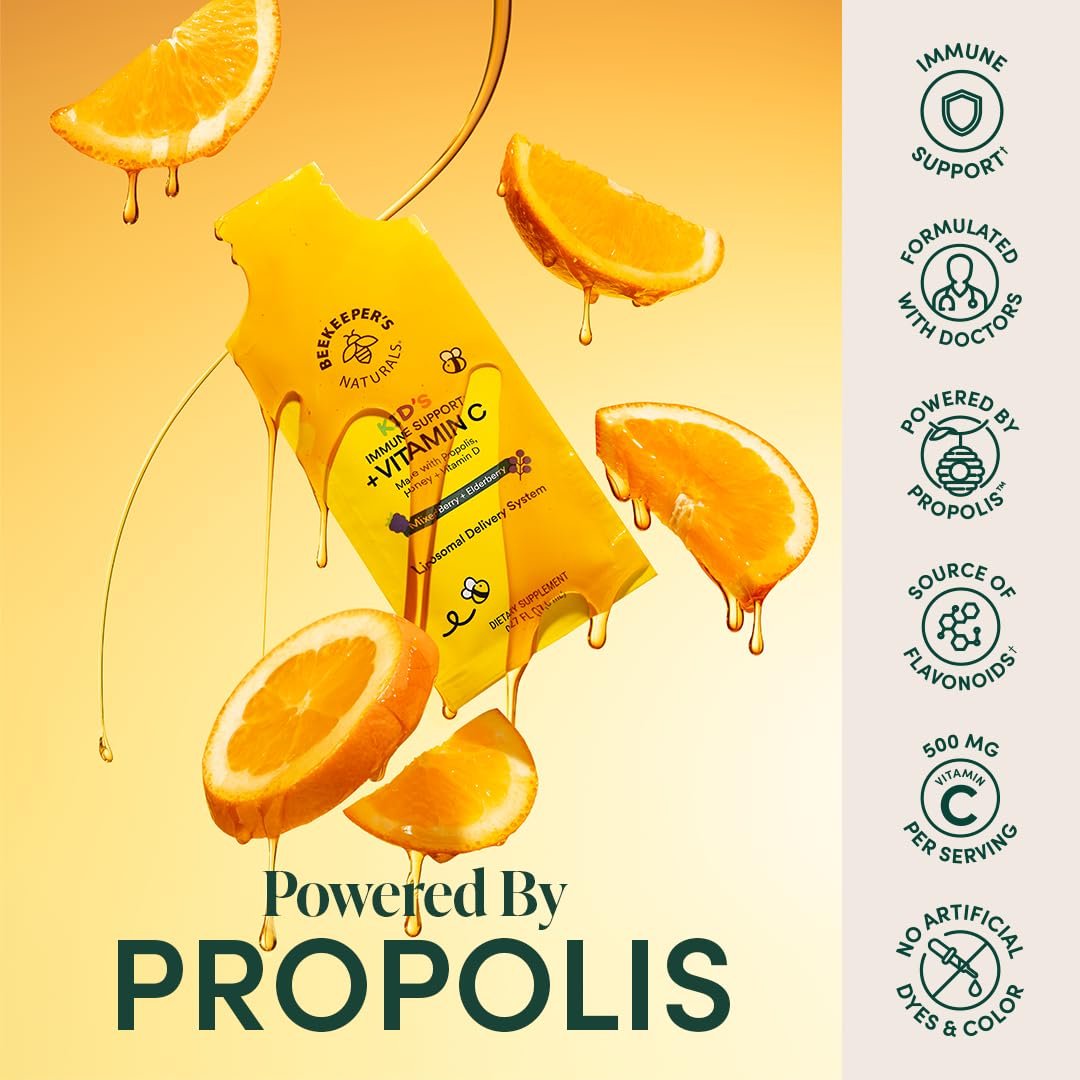 Beekeeper's Naturals Immunsystem Liposomales Vitamin C für Kinder – 500 mg Vitamin C, Holunder, Vitamin D, Propolis & Honig, Immununterstützung, gemischte Beeren, 12 Portionsbeutel