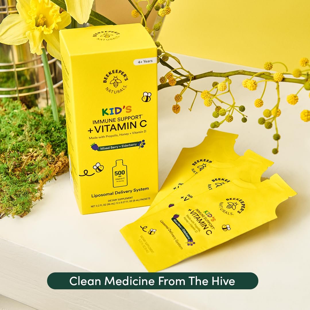 Beekeeper's Naturals Immunsystem Liposomales Vitamin C für Kinder – 500 mg Vitamin C, Holunder, Vitamin D, Propolis & Honig, Immununterstützung, gemischte Beeren, 12 Portionsbeutel