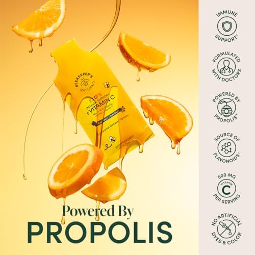 Beekeeper's Naturals Immunsystem Liposomales Vitamin C für Kinder – 500 mg Vitamin C, Holunder, Vitamin D, Propolis & Honig, Immununterstützung, gemischte Beeren, 12 Portionsbeutel