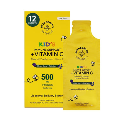 Beekeeper's Naturals Immunsystem Liposomales Vitamin C für Kinder – 500 mg Vitamin C, Holunder, Vitamin D, Propolis & Honig, Immununterstützung, gemischte Beeren, 12 Portionsbeutel