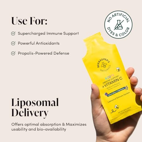 Beekeeper's Naturals Immunsystem Liposomales Vitamin C für Kinder – 500 mg Vitamin C, Holunder, Vitamin D, Propolis & Honig, Immununterstützung, gemischte Beeren, 12 Portionsbeutel