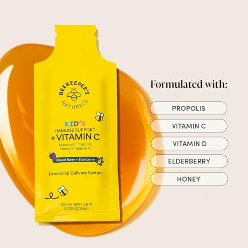 Beekeeper's Naturals Immunsystem Liposomales Vitamin C für Kinder – 500 mg Vitamin C, Holunder, Vitamin D, Propolis & Honig, Immununterstützung, gemischte Beeren, 12 Portionsbeutel
