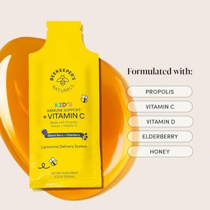 Beekeeper's Naturals Immunsystem Liposomales Vitamin C für Kinder – 500 mg Vitamin C, Holunder, Vitamin D, Propolis & Honig, Immununterstützung, gemischte Beeren, 12 Portionsbeutel
