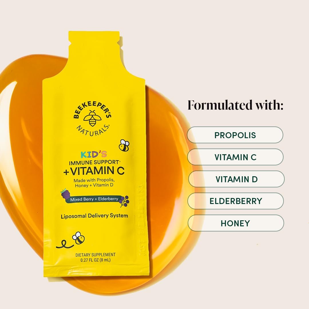 Beekeeper's Naturals Immunsystem Liposomales Vitamin C für Kinder – 500 mg Vitamin C, Holunder, Vitamin D, Propolis & Honig, Immununterstützung, gemischte Beeren, 12 Portionsbeutel