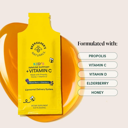 Beekeeper's Naturals Immunsystem Liposomales Vitamin C für Kinder – 500 mg Vitamin C, Holunder, Vitamin D, Propolis & Honig, Immununterstützung, gemischte Beeren, 12 Portionsbeutel
