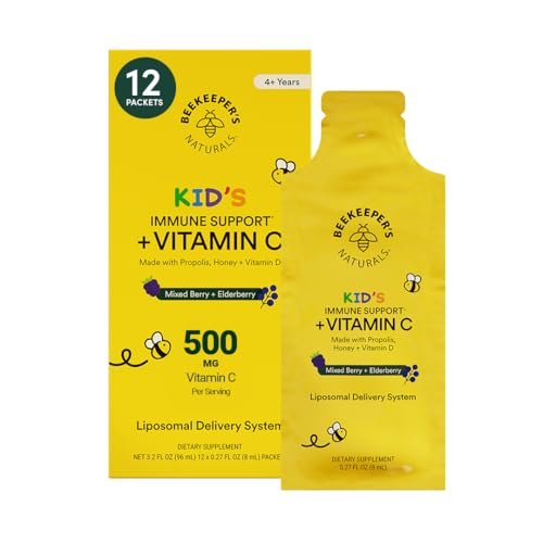 Beekeeper's Naturals Immunsystem Liposomales Vitamin C für Kinder – 500 mg Vitamin C, Holunder, Vitamin D, Propolis & Honig, Immununterstützung, gemischte Beeren, 12 Portionsbeutel