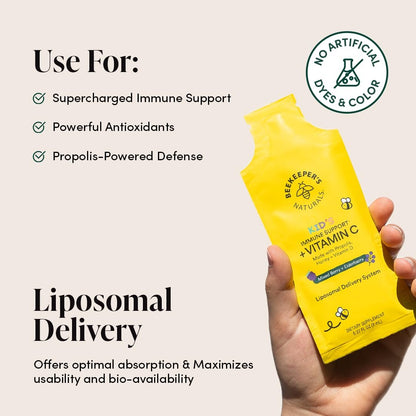 Beekeeper's Naturals Immunsystem Liposomales Vitamin C für Kinder – 500 mg Vitamin C, Holunder, Vitamin D, Propolis & Honig, Immununterstützung, gemischte Beeren, 12 Portionsbeutel