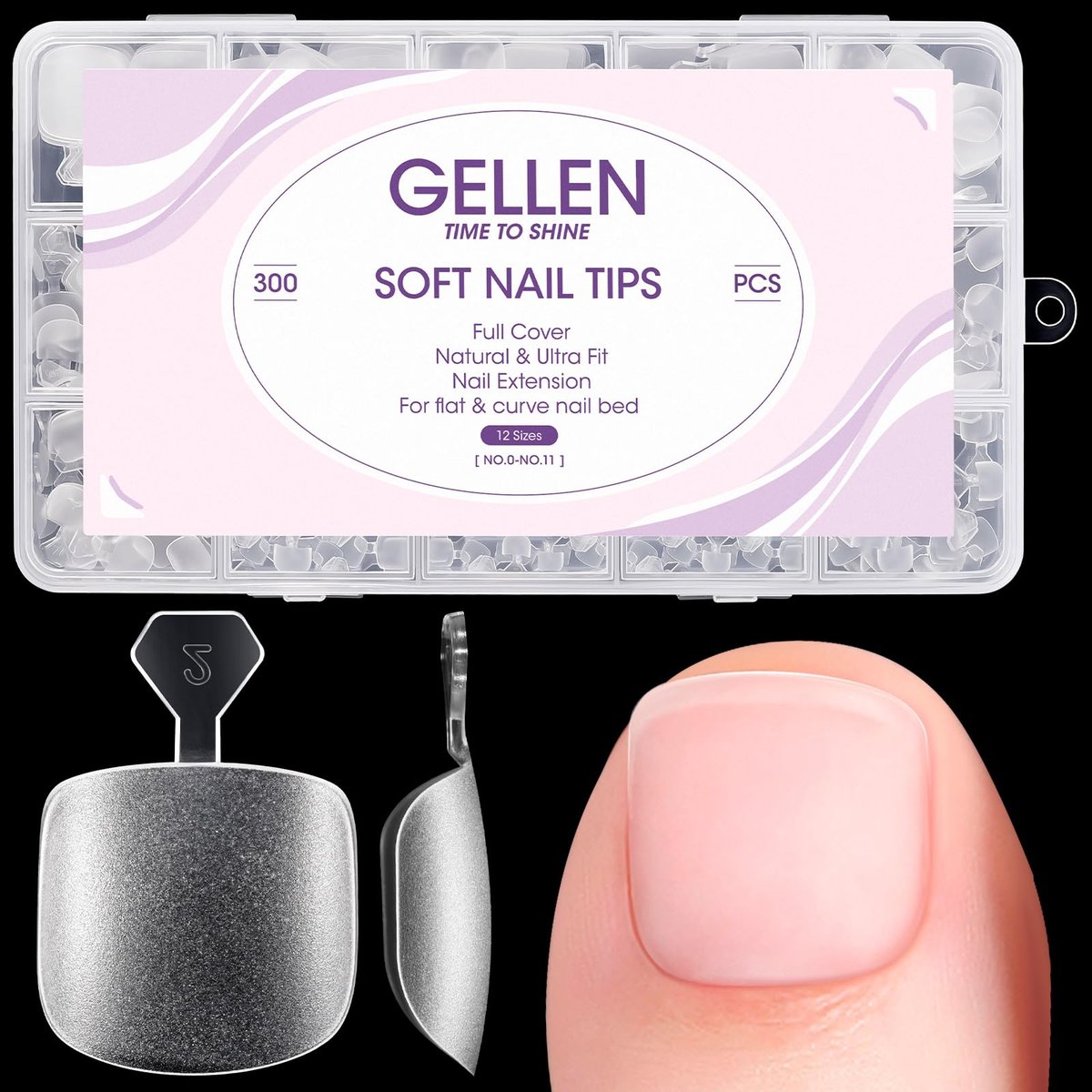 Gellen Press On Toenails 300 Stück Kurze Quadratische Zehennagelspitzen, Vollabdeckung Matt Weiche Gel-Kunstnägel, 12 Größen Klare Zehennagelverlängerungen mit Griffhilfe für Pediküre DIY zu Hause