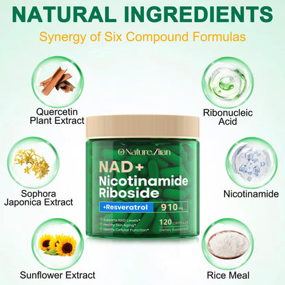 NAD+ Supplement - Nicotinamid-Ribosid 910 mg mit Resveratrol, liposomal, für Fokus & Energie, 120 Kapseln für Frauen und Männer