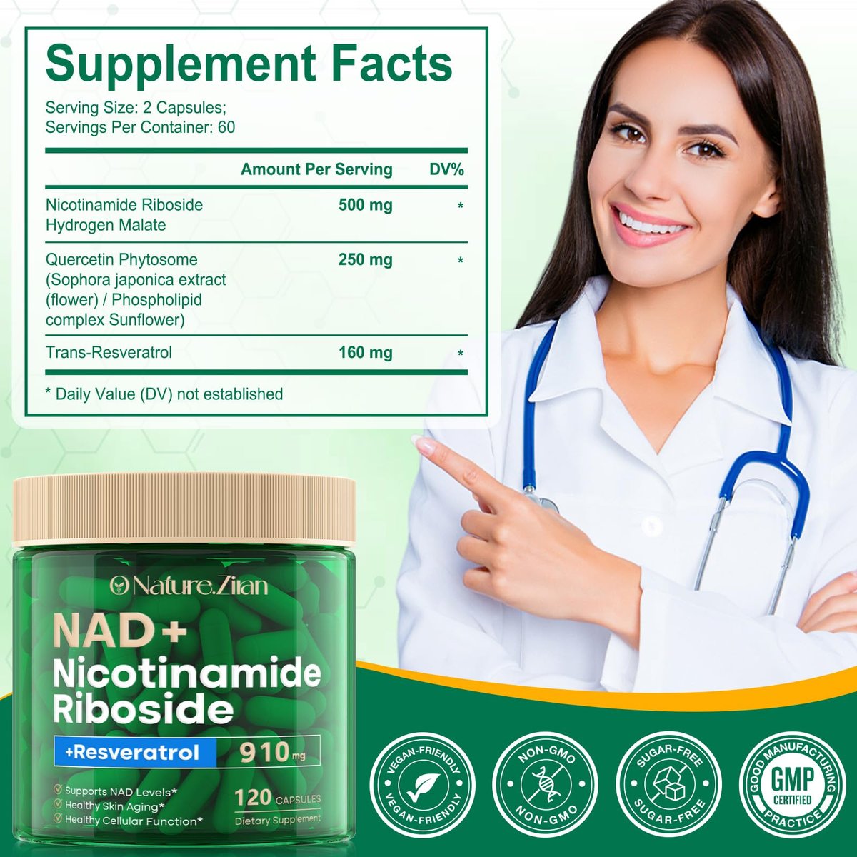 NAD+ Supplement - Nicotinamid-Ribosid 910 mg mit Resveratrol, liposomal, für Fokus & Energie, 120 Kapseln für Frauen und Männer