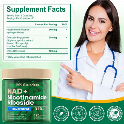 NAD+ Supplement - Nicotinamid-Ribosid 910 mg mit Resveratrol, liposomal, für Fokus & Energie, 120 Kapseln für Frauen und Männer