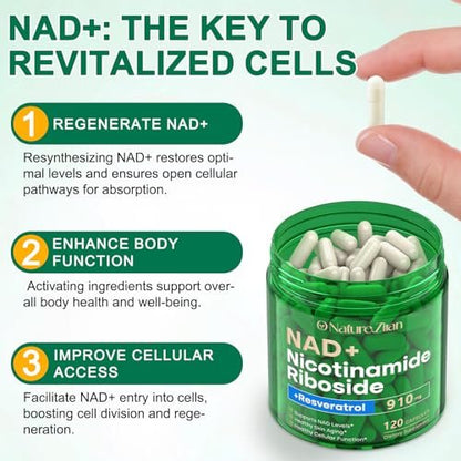 NAD+ Supplement - Nicotinamid-Ribosid 910 mg mit Resveratrol, liposomal, für Fokus & Energie, 120 Kapseln für Frauen und Männer