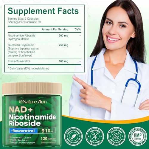NAD+ Supplement - Nicotinamid-Ribosid 910 mg mit Resveratrol, liposomal, für Fokus & Energie, 120 Kapseln für Frauen und Männer