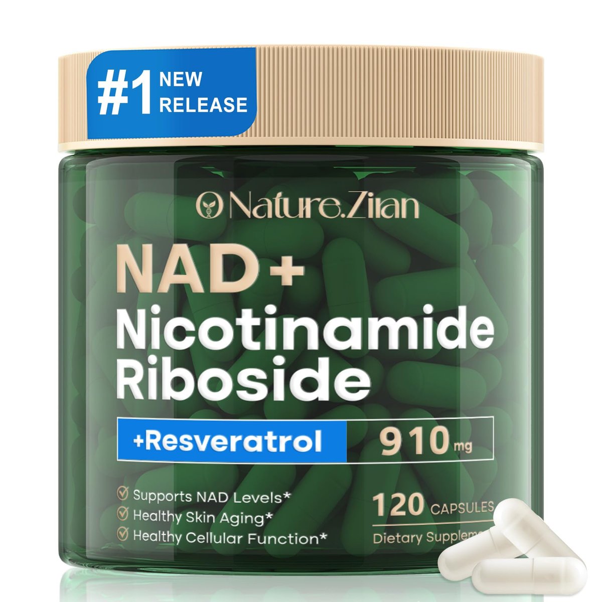 NAD+ Supplement - Nicotinamid-Ribosid 910 mg mit Resveratrol, liposomal, für Fokus & Energie, 120 Kapseln für Frauen und Männer