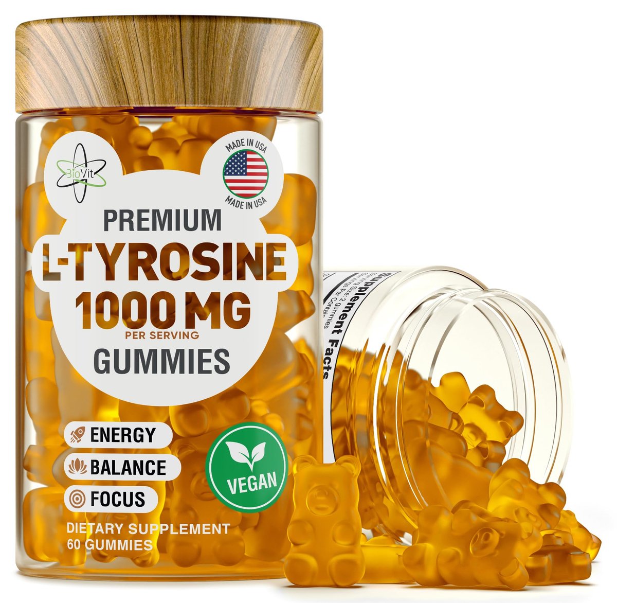BioVit L-Tyrosine Gummis – Aktivierte Aminosäure für Fokus, Stimmung & Energie – 1000 mg pro Portion, 500 mg pro Gummi – 60 vegane Gummis