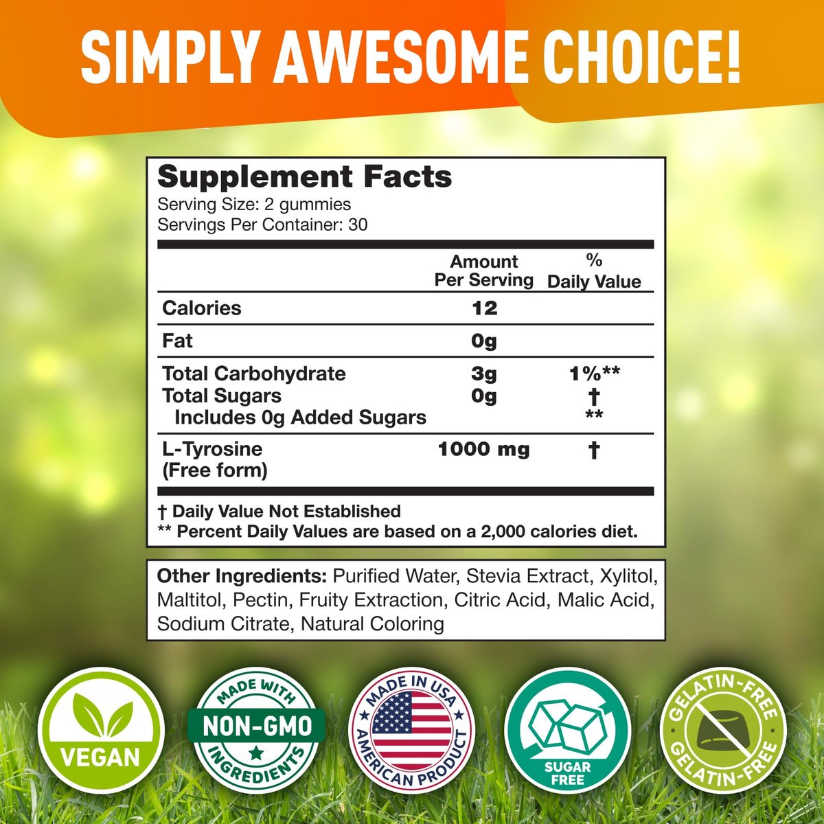 BioVit L-Tyrosine Gummis – Aktivierte Aminosäure für Fokus, Stimmung & Energie – 1000 mg pro Portion, 500 mg pro Gummi – 60 vegane Gummis
