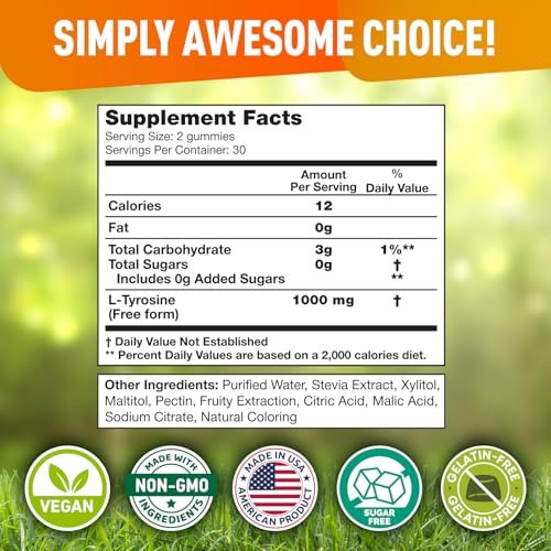 BioVit L-Tyrosine Gummis – Aktivierte Aminosäure für Fokus, Stimmung & Energie – 1000 mg pro Portion, 500 mg pro Gummi – 60 vegane Gummis