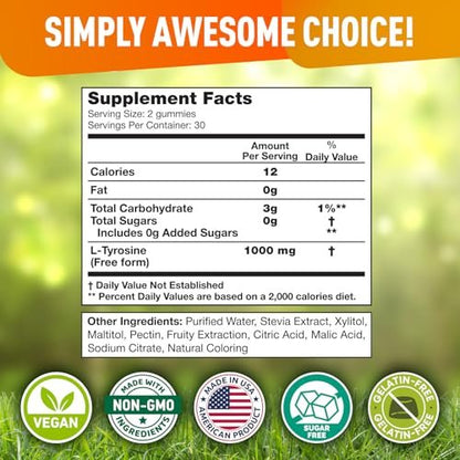 BioVit L-Tyrosine Gummis – Aktivierte Aminosäure für Fokus, Stimmung & Energie – 1000 mg pro Portion, 500 mg pro Gummi – 60 vegane Gummis