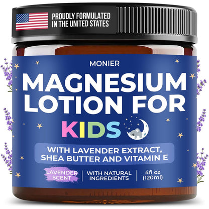 MONIER Magnesium Lotion für Kinder – Entspannende Magnesiumcreme mit Lavendel, Sheabutter, Aloe Vera – 100% natürliche Inhaltsstoffe (118 ml, unparfümiert)