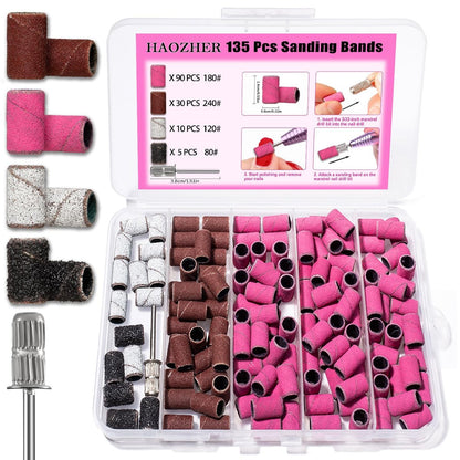Haozher Nagelbohrer-Aufsätze, 135 Stück Schleifbänder für Nagelbohrer, Nagelspitzen für Bohrer-Bits, Mischung aus 80#/120#/180#/240# feiner Körnung für Acryl-Gel-Maniküre-Pediküre
