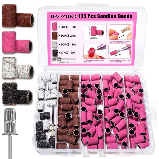 Haozher Nagelbohrer-Aufsätze, 135 Stück Schleifbänder für Nagelbohrer, Nagelspitzen für Bohrer-Bits, Mischung aus 80#/120#/180#/240# feiner Körnung für Acryl-Gel-Maniküre-Pediküre