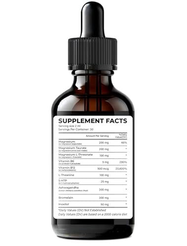 WELVIUM Triple Magnesium Complex Liquid Drops - Magnesium Glycinat mit L-Threonat, Taurat - Ashwagandha, L-Theanin, 5-HTP, Vitamine B6, B12, Bromelain, Inositol für Mineralstoffgleichgewicht
