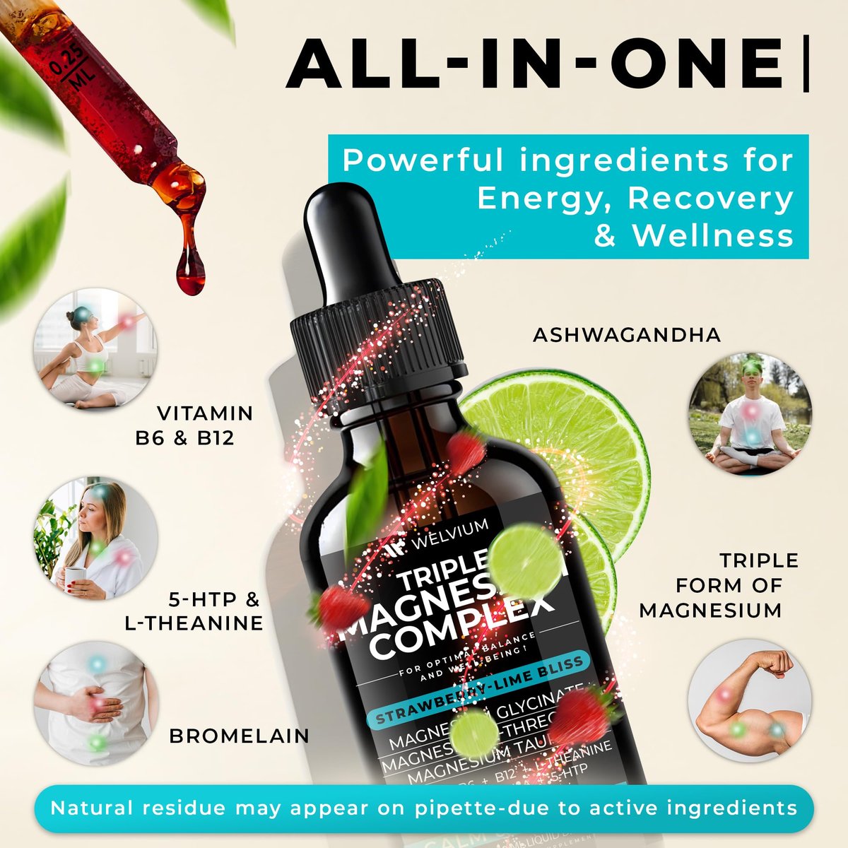 WELVIUM Triple Magnesium Complex Liquid Drops - Magnesium Glycinat mit L-Threonat, Taurat - Ashwagandha, L-Theanin, 5-HTP, Vitamine B6, B12, Bromelain, Inositol für Mineralstoffgleichgewicht