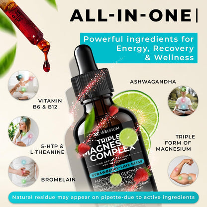 WELVIUM Triple Magnesium Complex Liquid Drops - Magnesium Glycinat mit L-Threonat, Taurat - Ashwagandha, L-Theanin, 5-HTP, Vitamine B6, B12, Bromelain, Inositol für Mineralstoffgleichgewicht