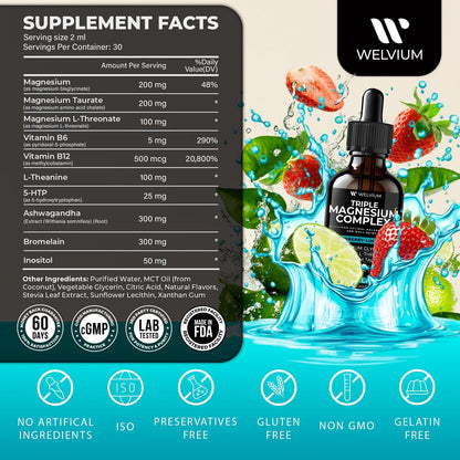 WELVIUM Triple Magnesium Complex Liquid Drops - Magnesium Glycinat mit L-Threonat, Taurat - Ashwagandha, L-Theanin, 5-HTP, Vitamine B6, B12, Bromelain, Inositol für Mineralstoffgleichgewicht